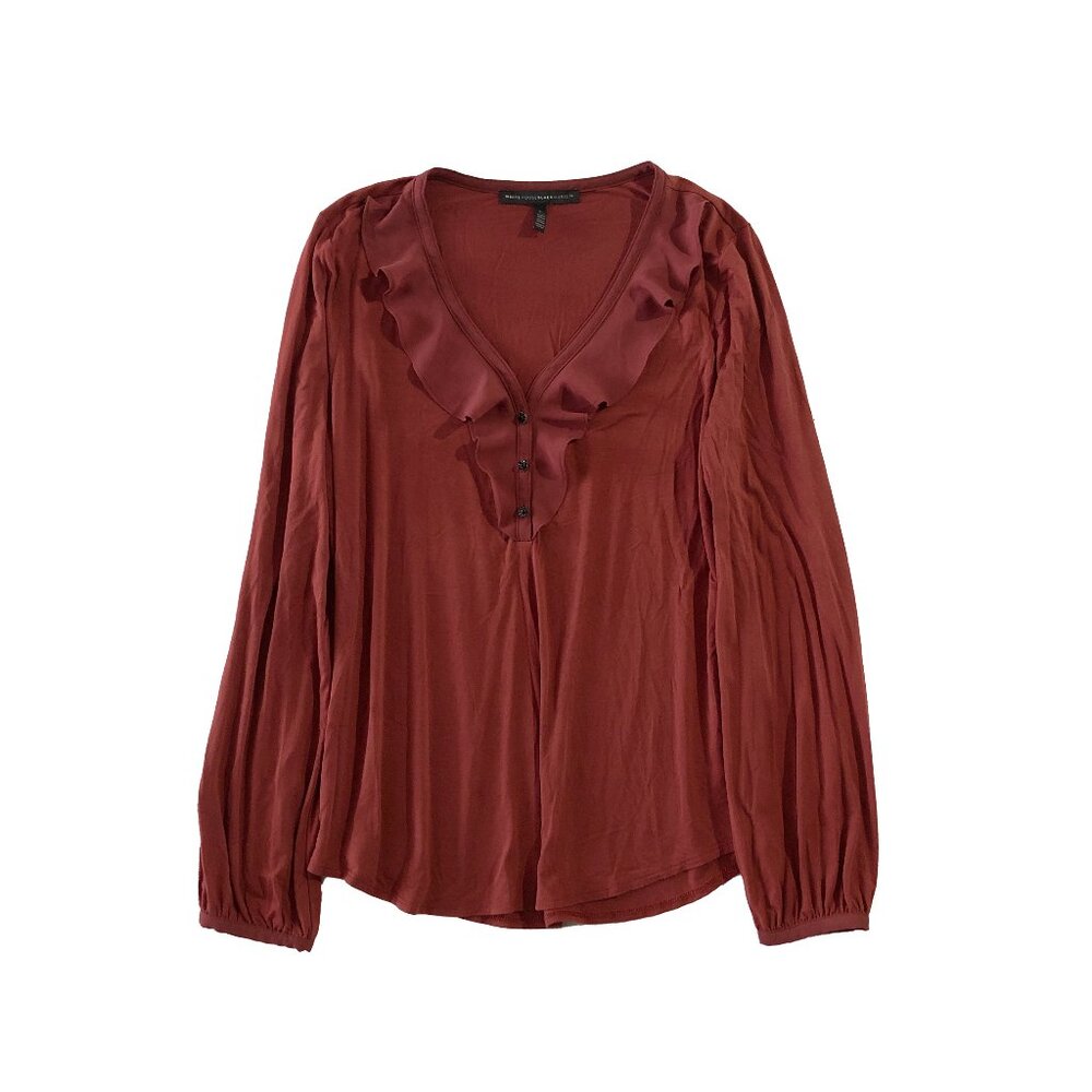 White House Black Market Womens Size L Burnt Orange V-Neck Ruffle Stretch Blouse
